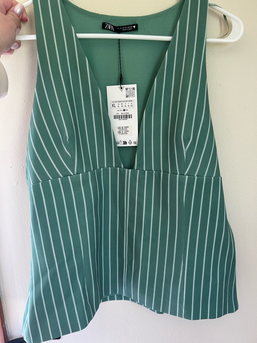 Zara Green and White Pinstripe V-Neck Peplum Top